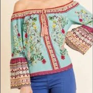 Umgee Off Shoulder Long Ball Sleeve Blue Floral Top Blouse Tassel Women’s Size L